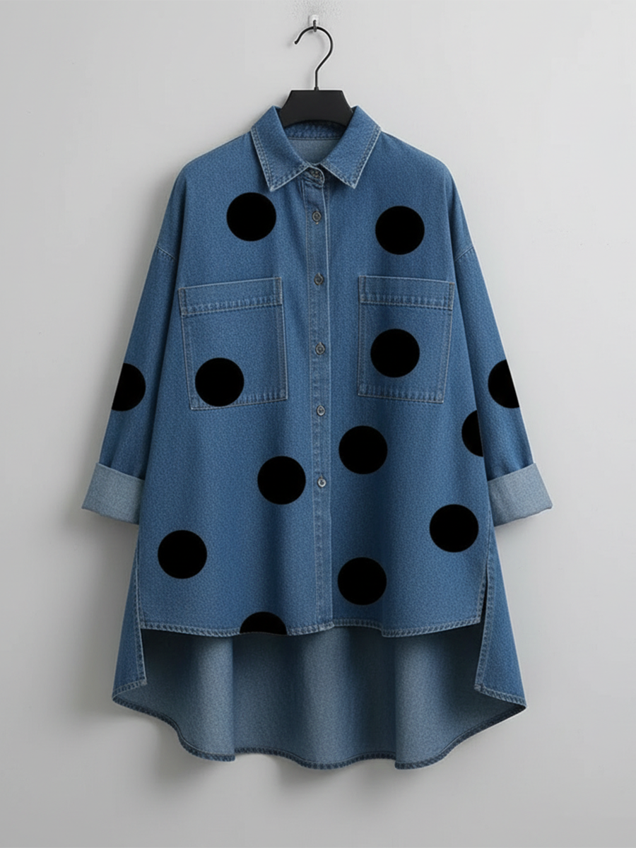 📦📦CLEARANCE SALE🔥Elegant Artistic Polka Dot Print Stand-collar Denim Top