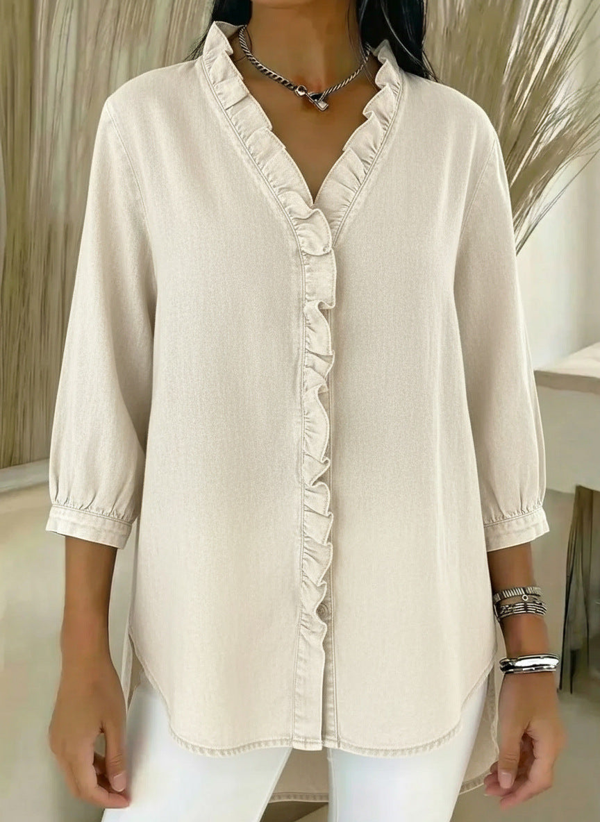 📦📦New Arrivals🔥Women's Casual Denim V-Neck Ruffled Shirt