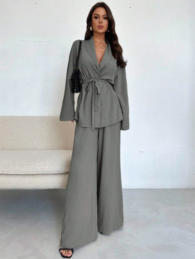 Chic Temperament Two-Piece Set 🌟 2025 Autumn Winter Women's V-Neck Long-Sleeve & Wide-Leg Pants