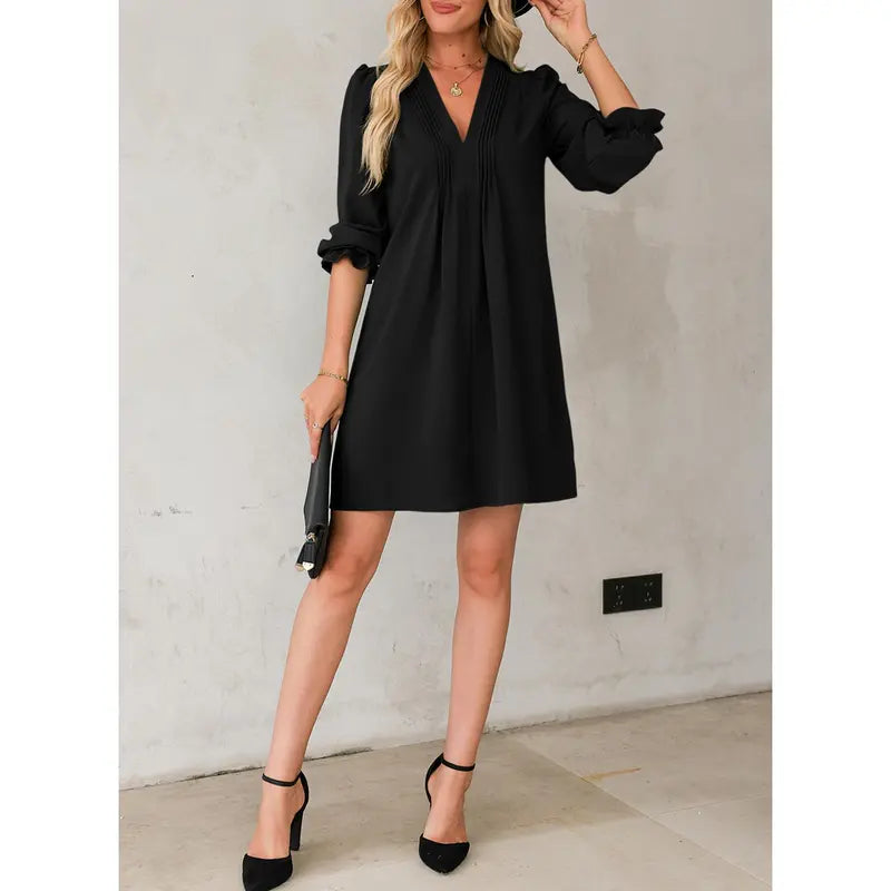 A-Line Ruffle Sleeve V-Neck Midi Dress