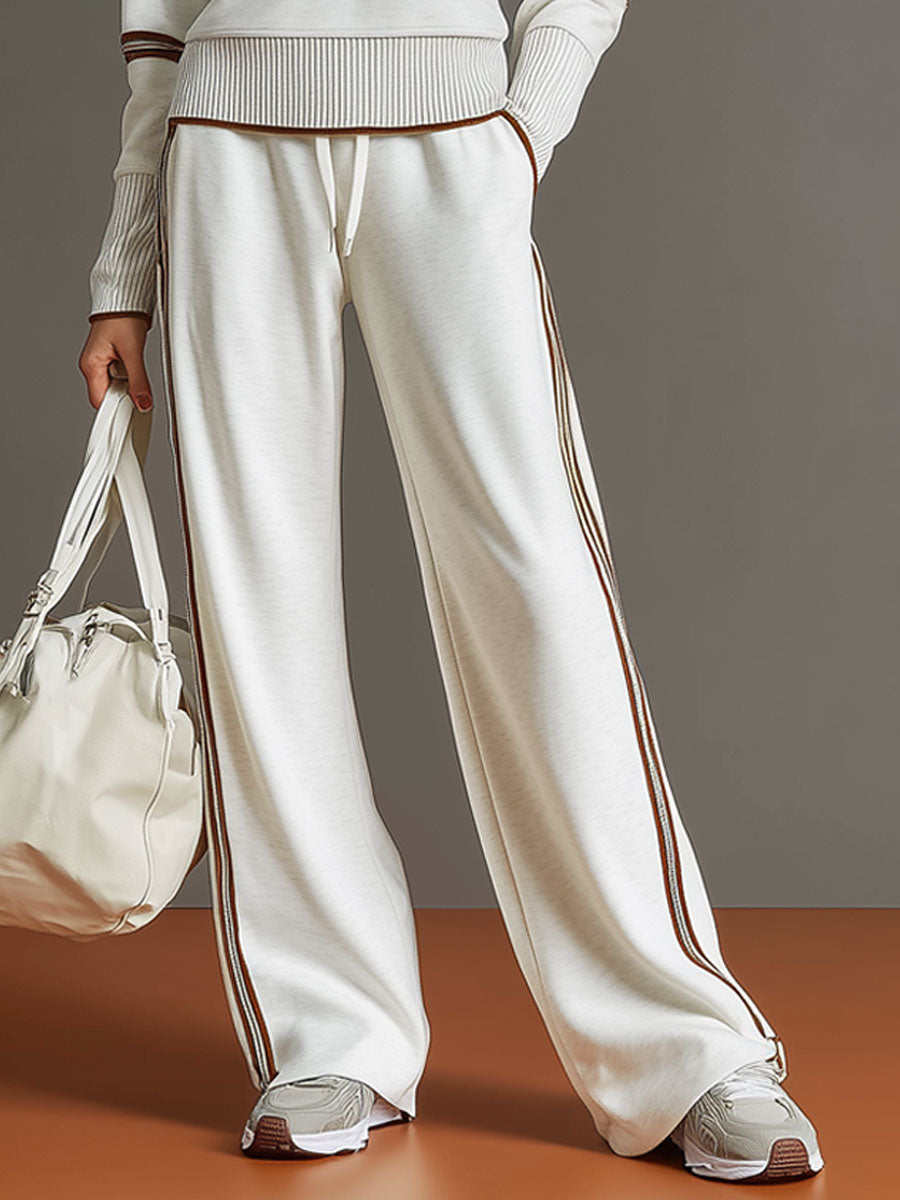 🤩🤩Retro Sporty Webbing Grey-white Half-zip Sweatshirt And Wide-leg Pants Set