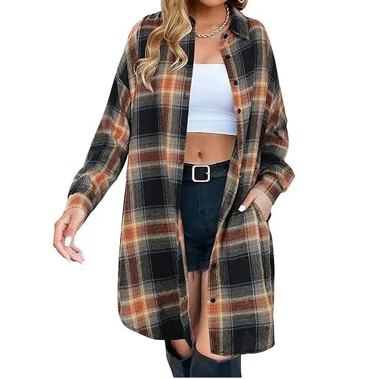 🍂 Women's Long Plaid Flannel Shacket – Button Down Collared Jacket Coat
