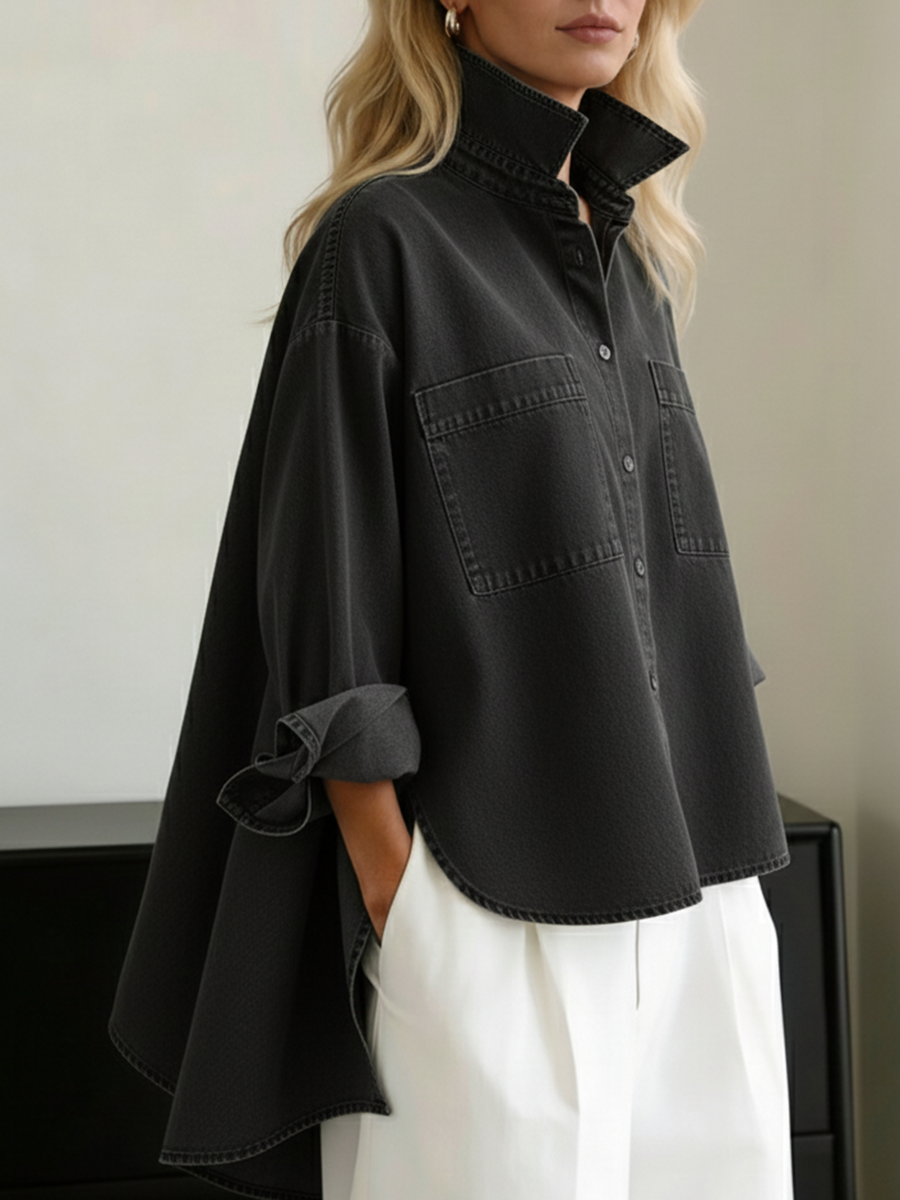 📦📦 New Arrivals🔥Casual Stand-collar Irregular Hem Denim Shirt Top
