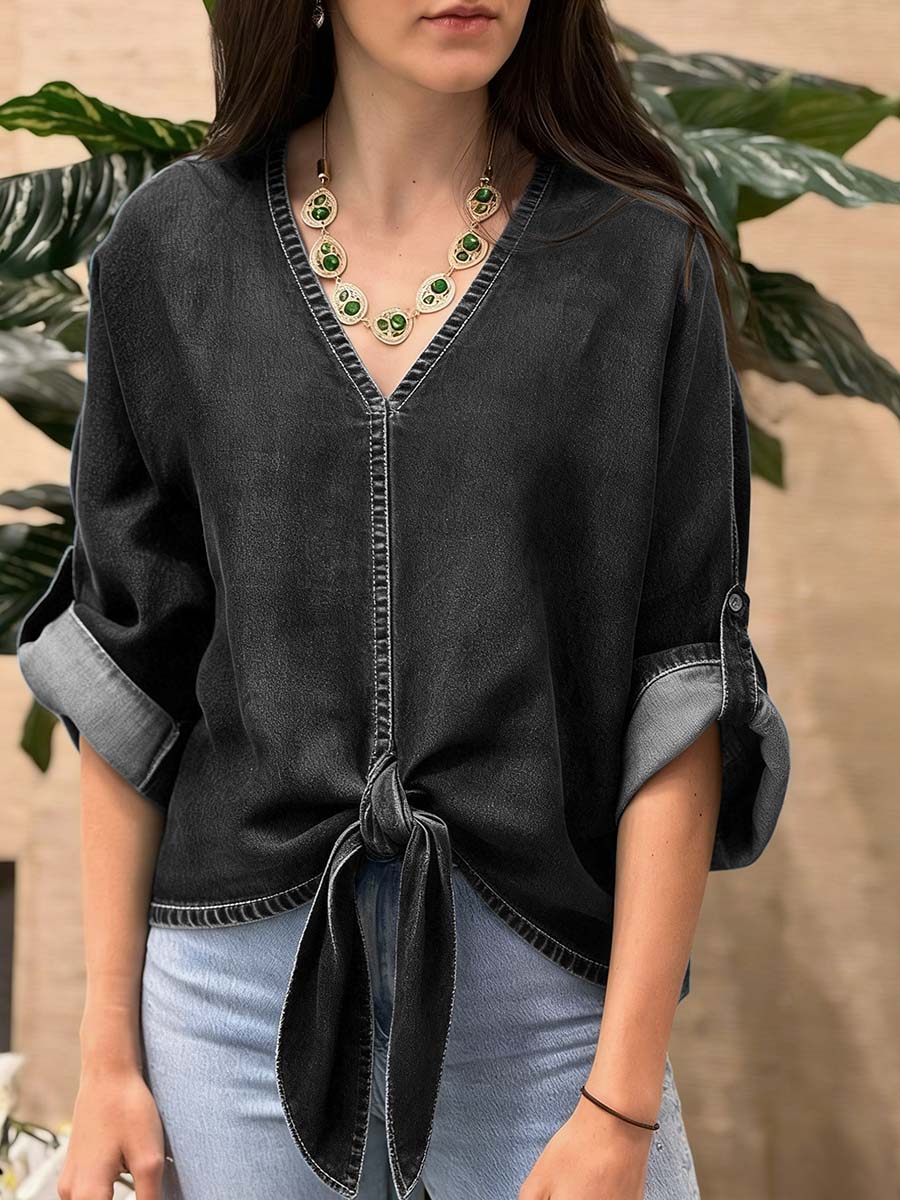 💝💝Women's V-neck Long-sleeved Tie-waist Loose-fitting Denim Top