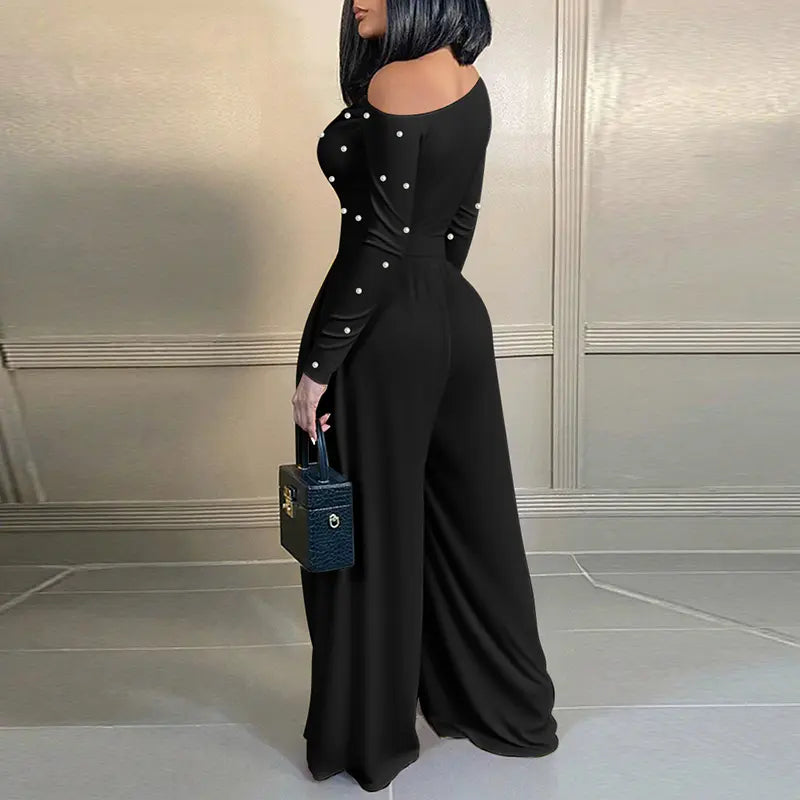 🌹 Women's Chic Pearl Embellished Jumpsuit – Skew Neck, Cinched Waist, Ruched Long Sleeve, Wide Leg