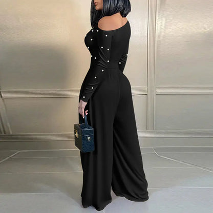 🌹 Women's Chic Pearl Embellished Jumpsuit – Skew Neck, Cinched Waist, Ruched Long Sleeve, Wide Leg