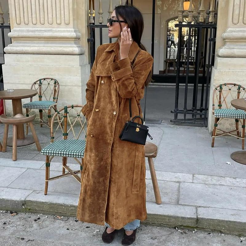 👗✨Women's Faux Suede Long Trench Coat, Double Breasted Pea Coat with Belt