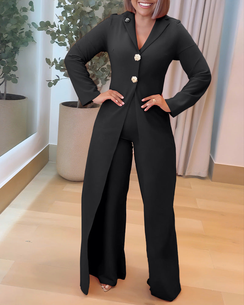 💫 Long Sleeve Notched Collar Jumpsuit for Women — Chic Wide-Leg One-Piece