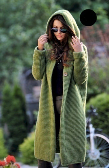 🌾 Women's Plain Textured Hooded Cardigan – Long Knit Button Down Outerwear, Comfy Fall Layer