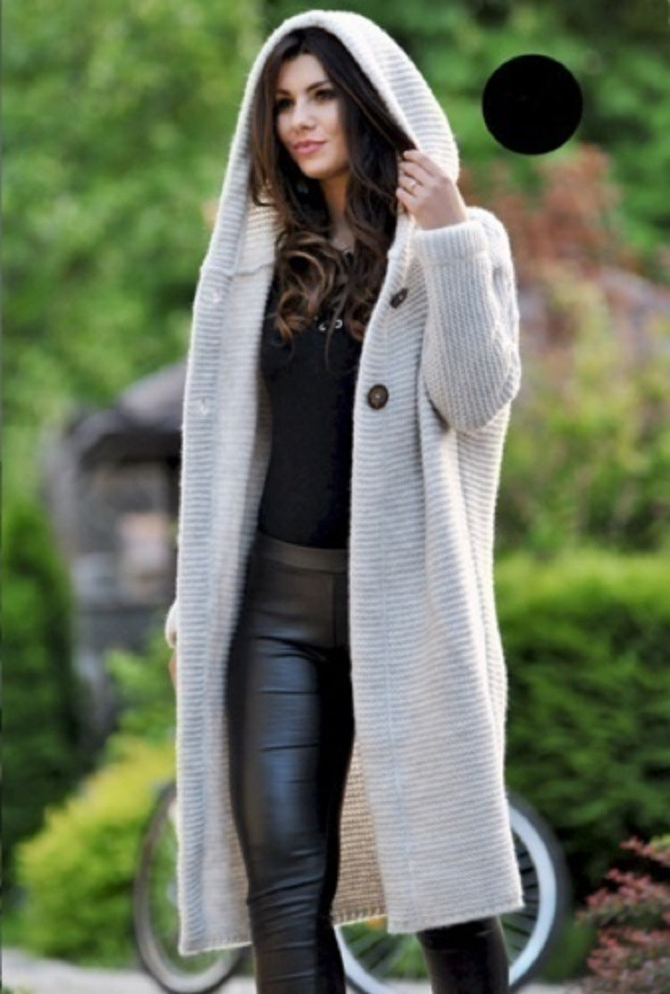 🌾 Women's Plain Textured Hooded Cardigan – Long Knit Button Down Outerwear, Comfy Fall Layer