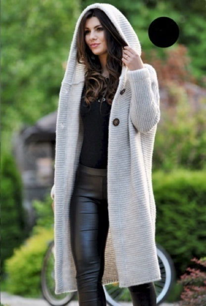 🌾 Women's Plain Textured Hooded Cardigan – Long Knit Button Down Outerwear, Comfy Fall Layer