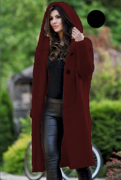 🌾 Women's Plain Textured Hooded Cardigan – Long Knit Button Down Outerwear, Comfy Fall Layer