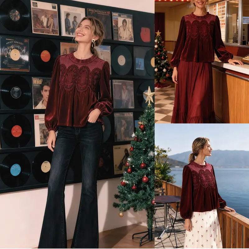 Women’s Velvet Lace Long Sleeve Swing Blouse – Elegant Festive Top for Fall & Winter