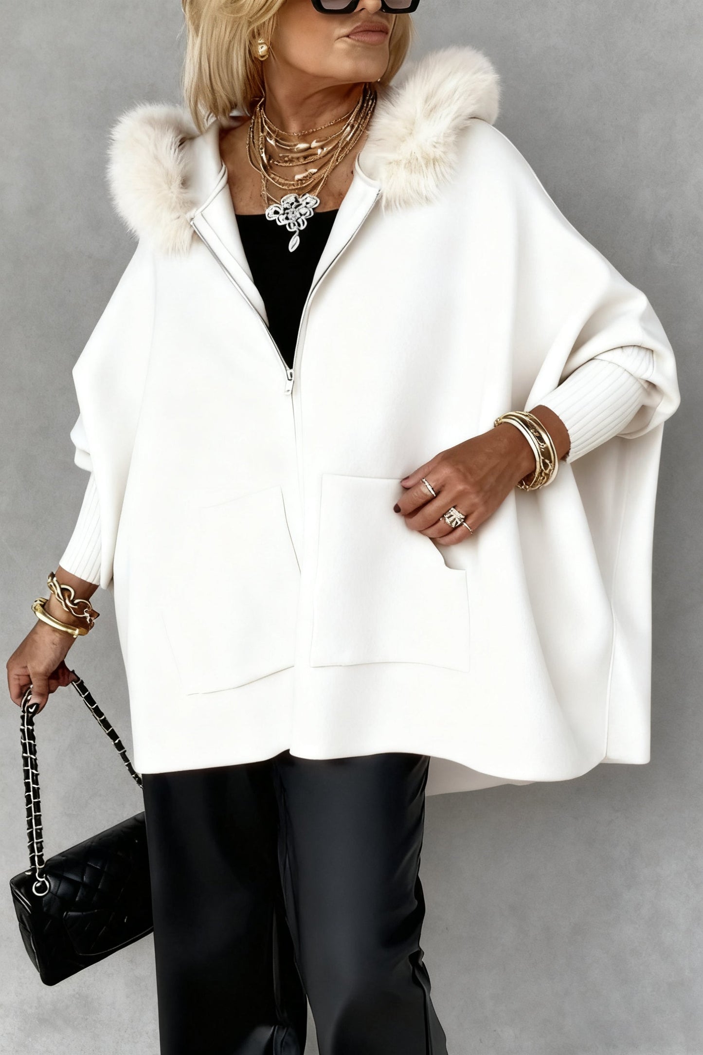 Women Fur Collar Solid Color Casual Jacket