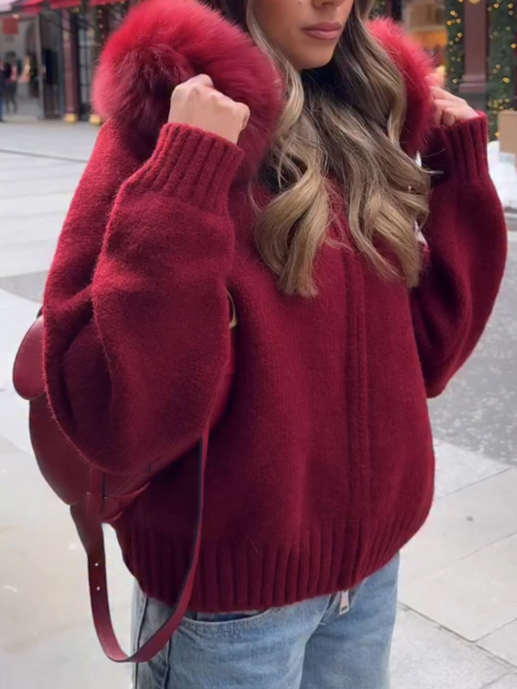 Women Hooded Fur Collar Casual Knitted Coat