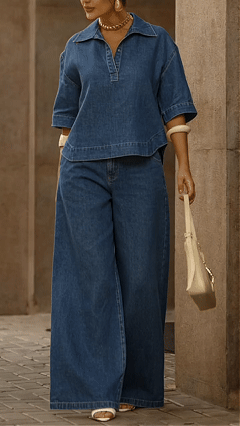 📦📦 New Arrivals🔥Women's Casual 100% Cotton Denim Top And Wide-leg Pants Two-piece Set