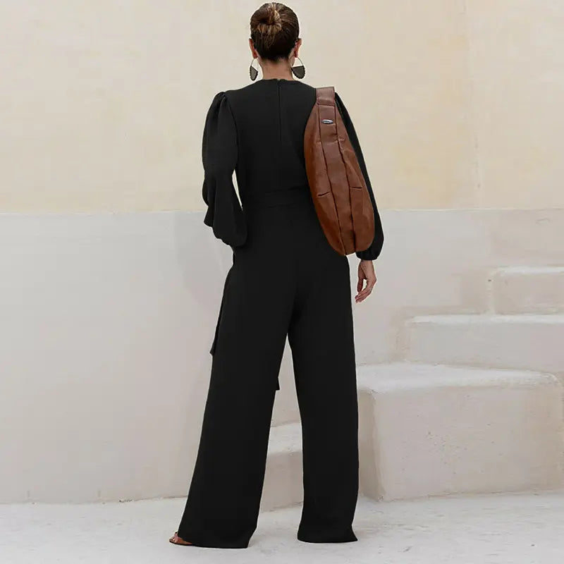 🌿 Women's Puff Sleeve Textured Jumpsuit – Plunge Neck, Waist Tie, Casual Loose Romper with Pockets