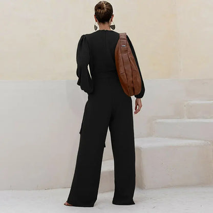🌿 Women's Puff Sleeve Textured Jumpsuit – Plunge Neck, Waist Tie, Casual Loose Romper with Pockets