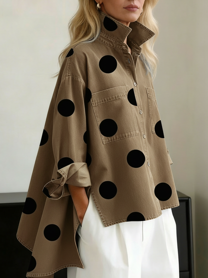 📦📦CLEARANCE SALE🔥Elegant Artistic Polka Dot Print Stand-collar Denim Top