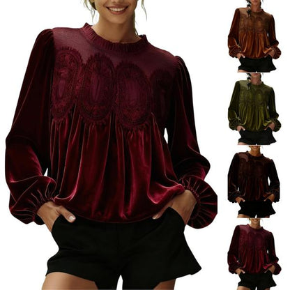Women’s Velvet Lace Long Sleeve Swing Blouse – Elegant Festive Top for Fall & Winter