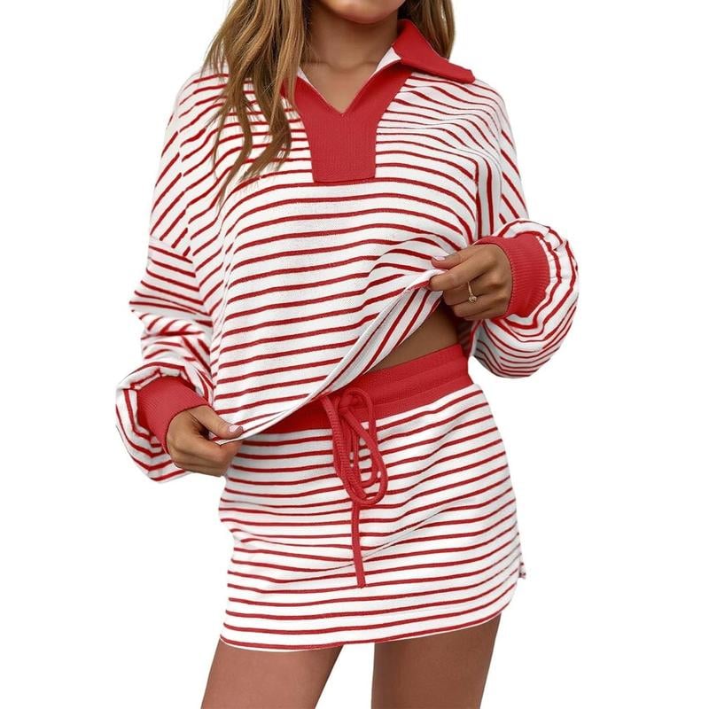 🤩🤩Womens Striped 2 Piece Outfits Casual Sweatshirt Skirt Set Long Sleeve Skort Workout Set Matching Lounge Sets(Buy 2 Free Shipping)