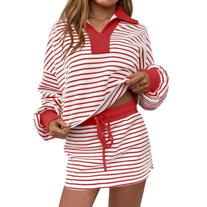 🤩🤩Womens Striped 2 Piece Outfits Casual Sweatshirt Skirt Set Long Sleeve Skort Workout Set Matching Lounge Sets(Buy 2 Free Shipping)