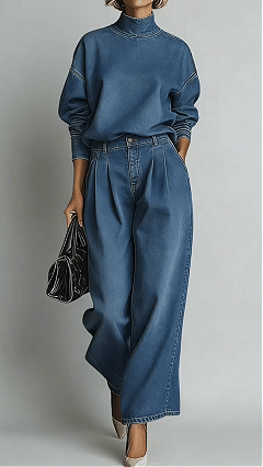 📦📦Women's Stand-collar Long-sleeved Casual Loose Denim Top And High-waisted Casual Loose Wide-leg Denim Pants Set.