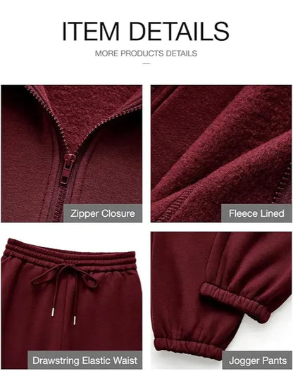 🌿 Women's Fleece Matching Set – Zip Up Sweatshirt & Joggers, Soft Lounge Outfit for Cold Weather