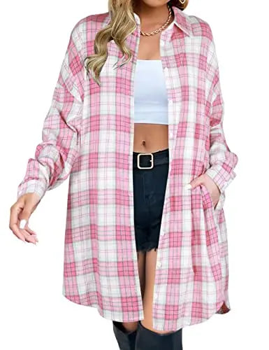 🍂 Women's Long Plaid Flannel Shacket – Button Down Collared Jacket Coat