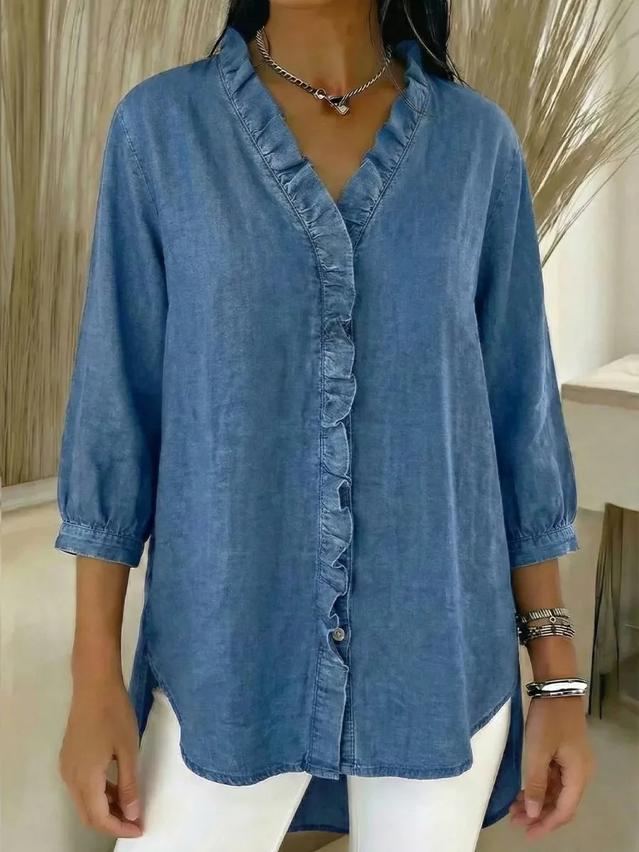 📦📦CLEARANCE SALE🔥Women's Casual Denim V-Neck Ruffled Shirt