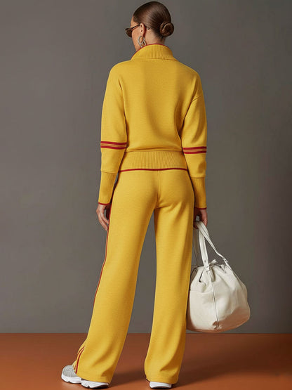 🤩🤩Retro Sporty Webbing Grey-white Half-zip Sweatshirt And Wide-leg Pants Set