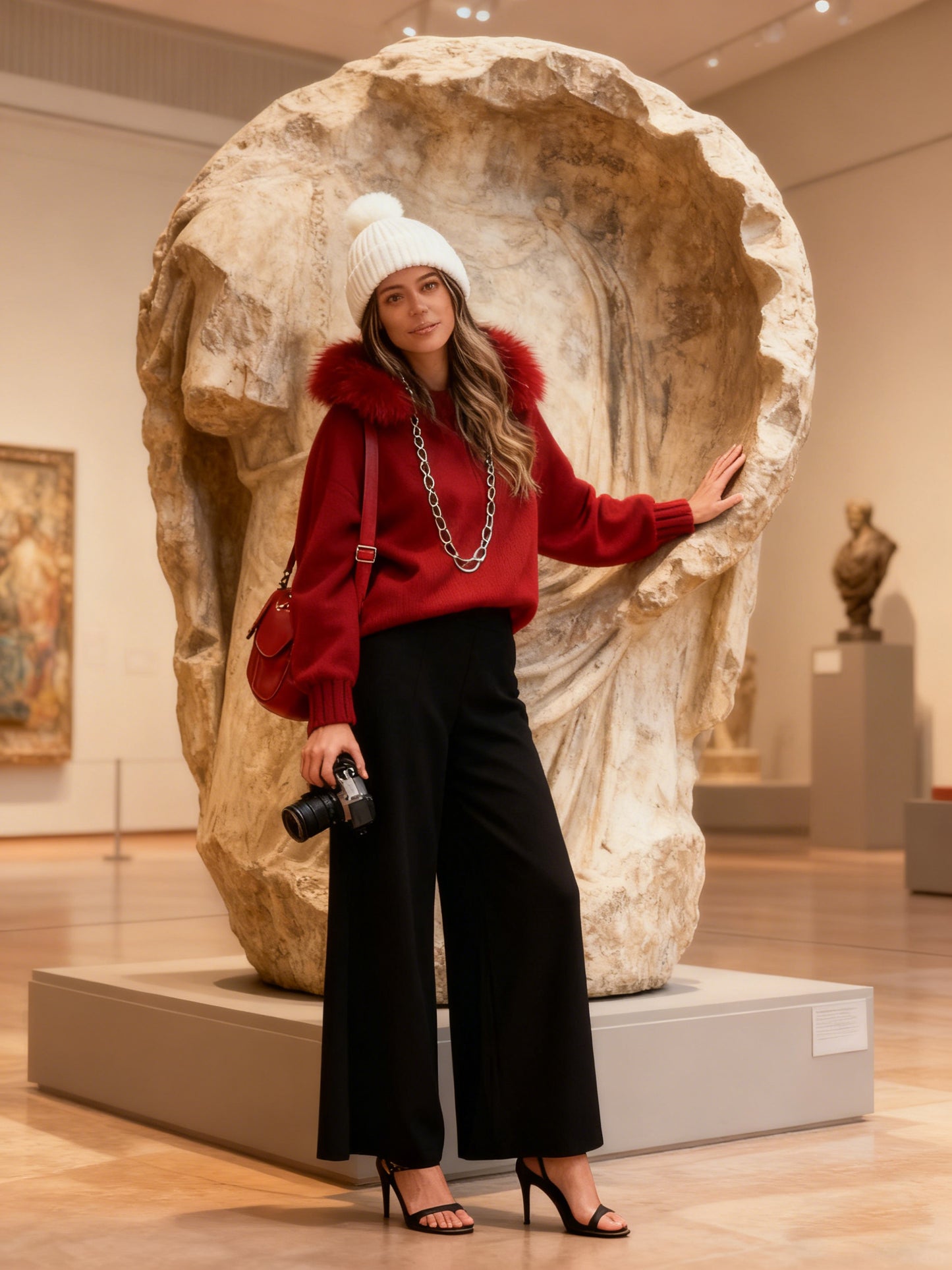 Women Hooded Fur Collar Casual Knitted Coat