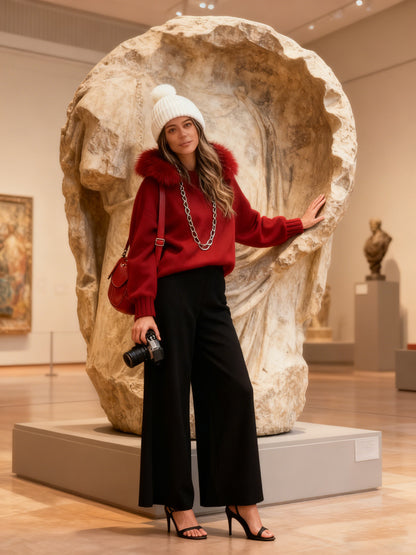 Women Hooded Fur Collar Casual Knitted Coat