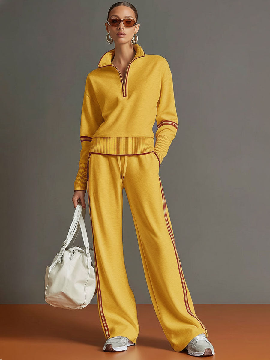 🤩🤩Retro Sporty Webbing Grey-white Half-zip Sweatshirt And Wide-leg Pants Set