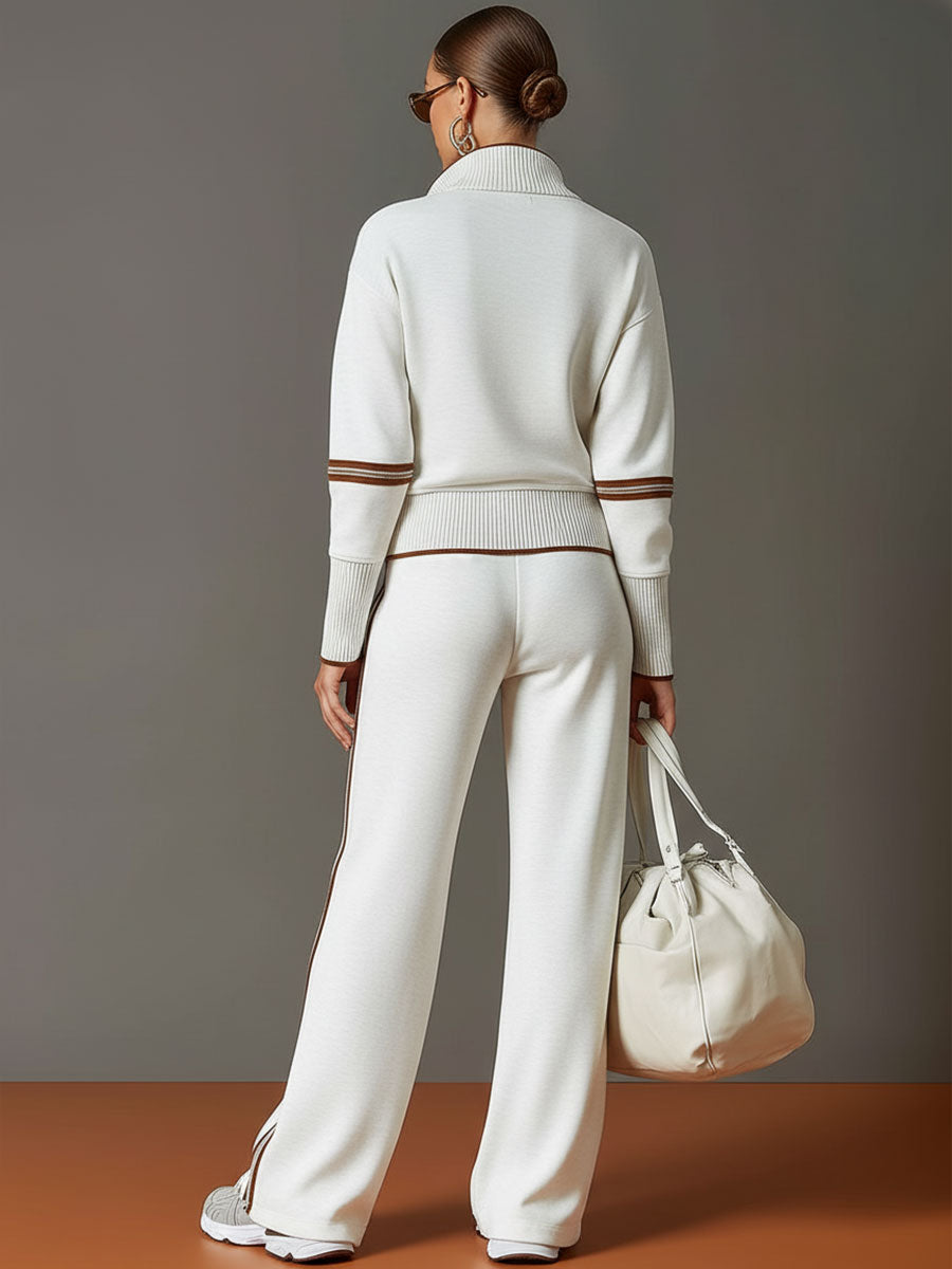 🤩🤩Retro Sporty Webbing Grey-white Half-zip Sweatshirt And Wide-leg Pants Set