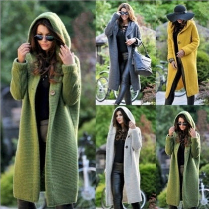 🌾 Women's Plain Textured Hooded Cardigan – Long Knit Button Down Outerwear, Comfy Fall Layer