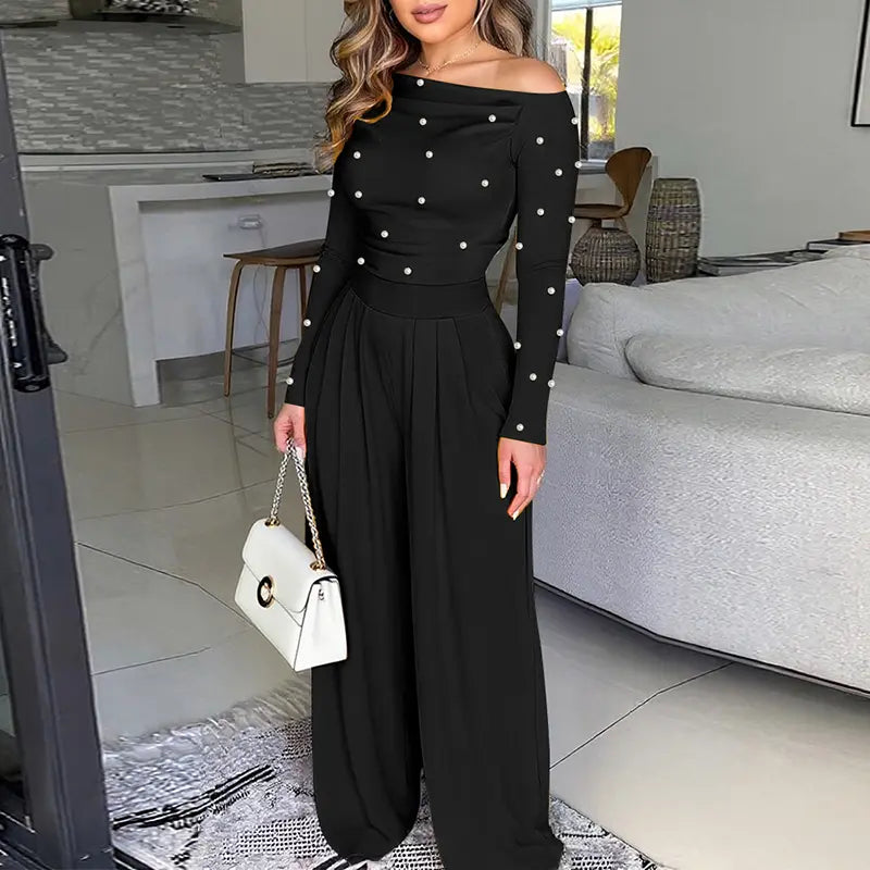 🌹 Women's Chic Pearl Embellished Jumpsuit – Skew Neck, Cinched Waist, Ruched Long Sleeve, Wide Leg