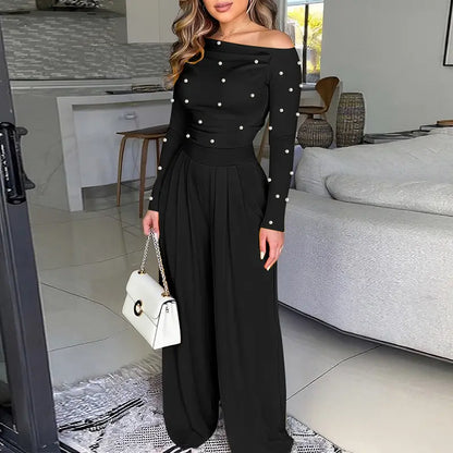 🌹 Women's Chic Pearl Embellished Jumpsuit – Skew Neck, Cinched Waist, Ruched Long Sleeve, Wide Leg