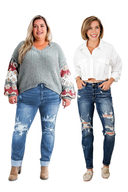 📦📦Tummy Control Distressed Cuffed Boyfriend Jeans (Buy 2 Free Shipping)
