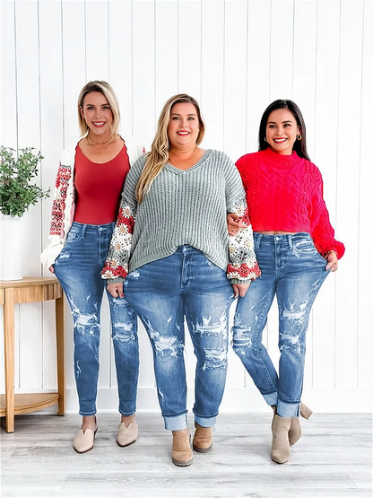 📦📦Tummy Control Distressed Cuffed Boyfriend Jeans (Buy 2 Free Shipping)