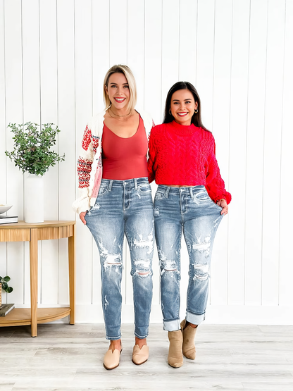 📦📦Tummy Control Distressed Cuffed Boyfriend Jeans (Buy 2 Free Shipping)