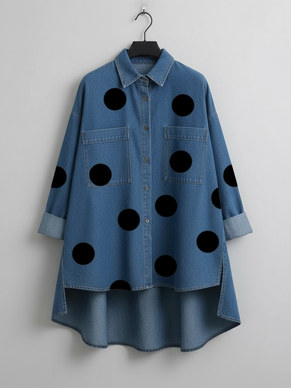 📦📦CLEARANCE SALE🔥Elegant Artistic Polka Dot Print Stand-collar Denim Top