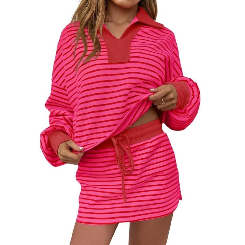 🤩🤩Womens Striped 2 Piece Outfits Casual Sweatshirt Skirt Set Long Sleeve Skort Workout Set Matching Lounge Sets(Buy 2 Free Shipping)