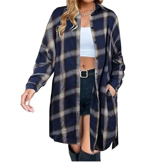 🍂 Women's Long Plaid Flannel Shacket – Button Down Collared Jacket Coat