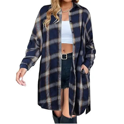 🍂 Women's Long Plaid Flannel Shacket – Button Down Collared Jacket Coat