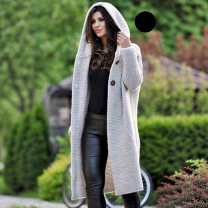 🌾 Women's Plain Textured Hooded Cardigan – Long Knit Button Down Outerwear, Comfy Fall Layer