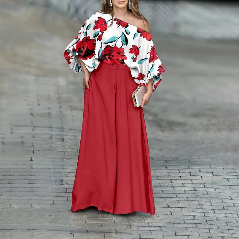 ✨ ✨2026 ChicMe Women's Skew Neck Lantern Sleeve Top & Wide Leg Pants Set – Perfect for Valentine's Day, Wedding & Wedding Guest Looks