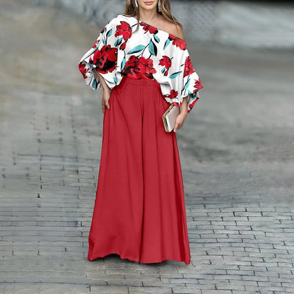 ✨ ✨2026 ChicMe Women's Skew Neck Lantern Sleeve Top & Wide Leg Pants Set – Perfect for Valentine's Day, Wedding & Wedding Guest Looks