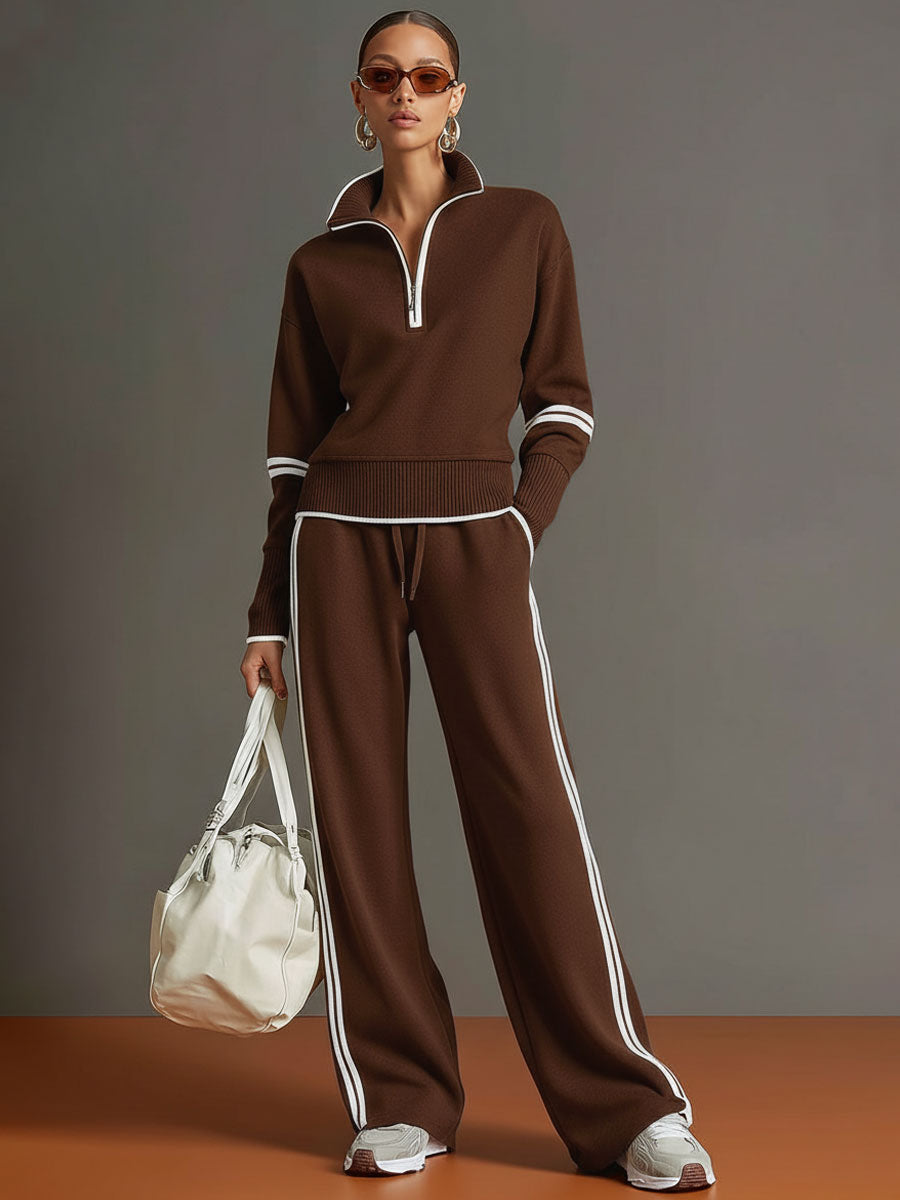 🤩🤩Retro Sporty Webbing Grey-white Half-zip Sweatshirt And Wide-leg Pants Set