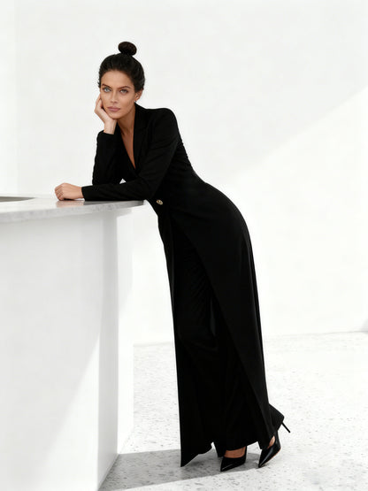 💫 Long Sleeve Notched Collar Jumpsuit for Women — Chic Wide-Leg One-Piece